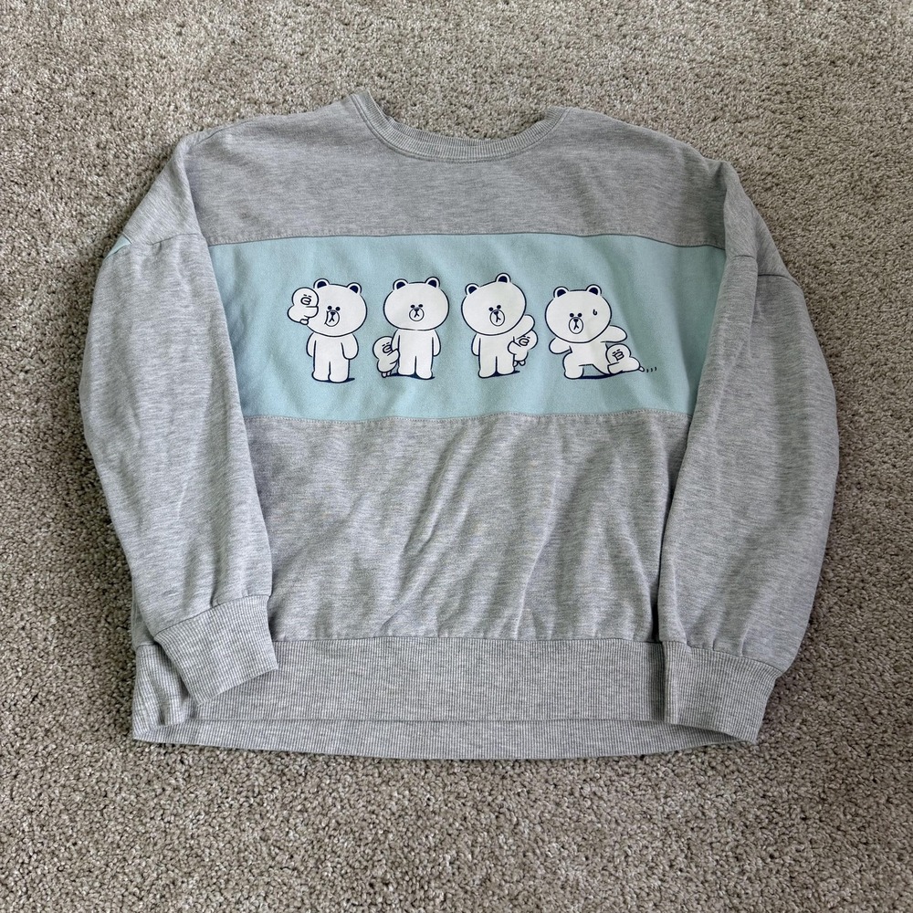 LINE FRIENDS Sweatshirt Womens Medium Gray Fleece Pullover Bear Graphic Kawaii